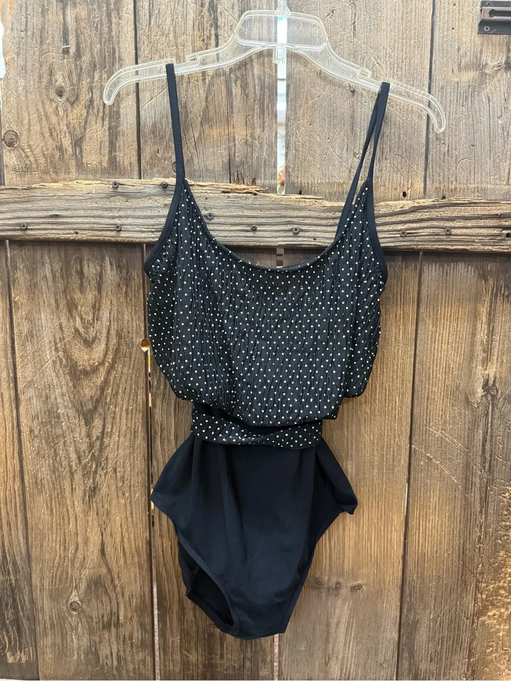 Black Polka Blouson One-Piece Swimsuit with Adjustable Straps